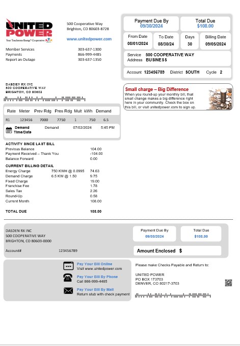 USA Colorado United Power business utility bill template in Word and PDF formats